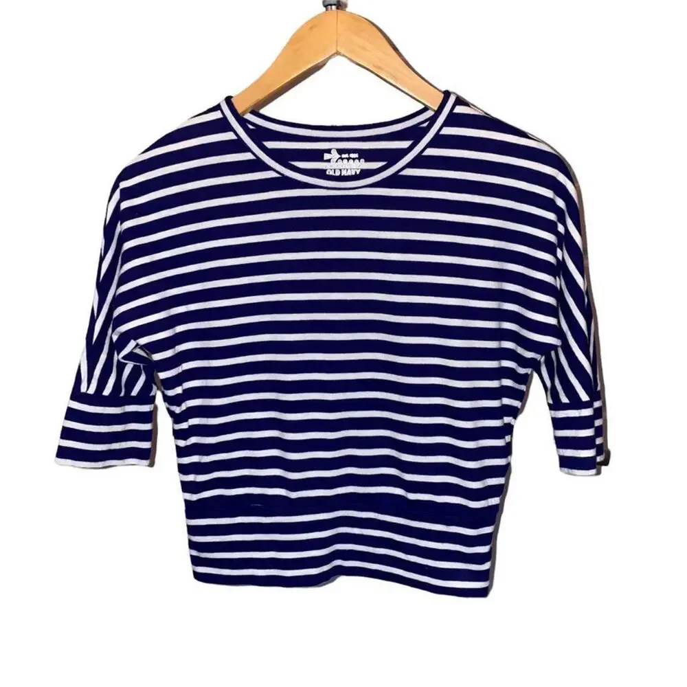Girls M Old Navy 3/4 Sleeve Blue White Stripe Dolman Banded Waistband Top Blouse